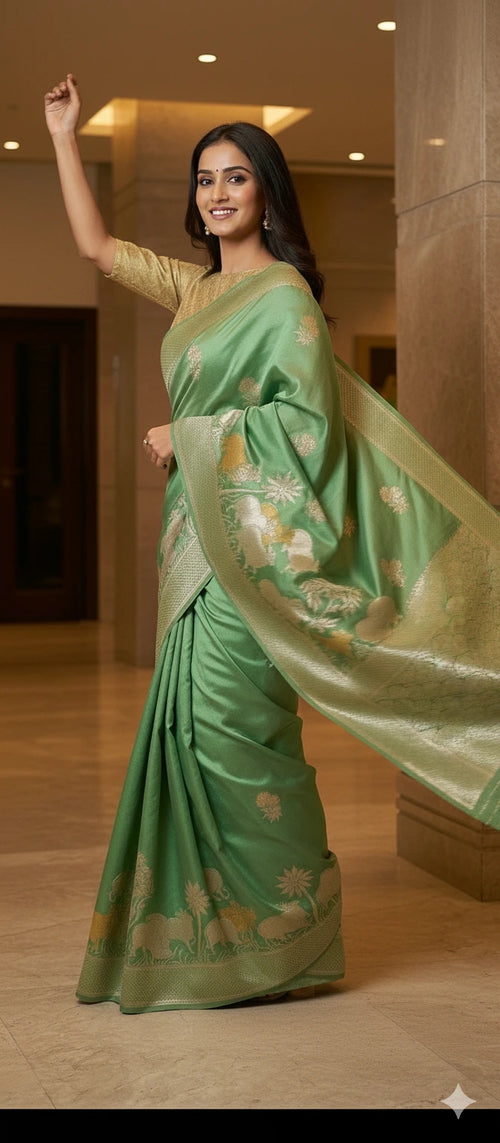 Pastel Green Zari Cow Motif Banarasi Silk Saree with Rich Pallu for Festive & Wedding Wear.