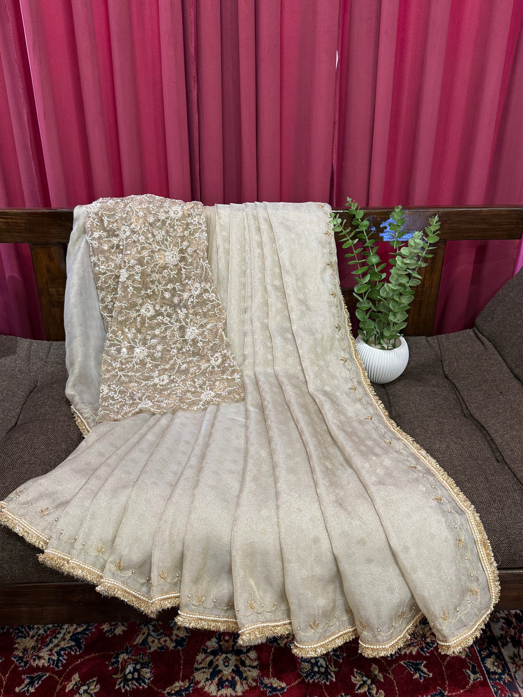 Champagne Beige Shimmer Saree with Heavy Sequin Embroidered Blouse for Reception & Party Wear.