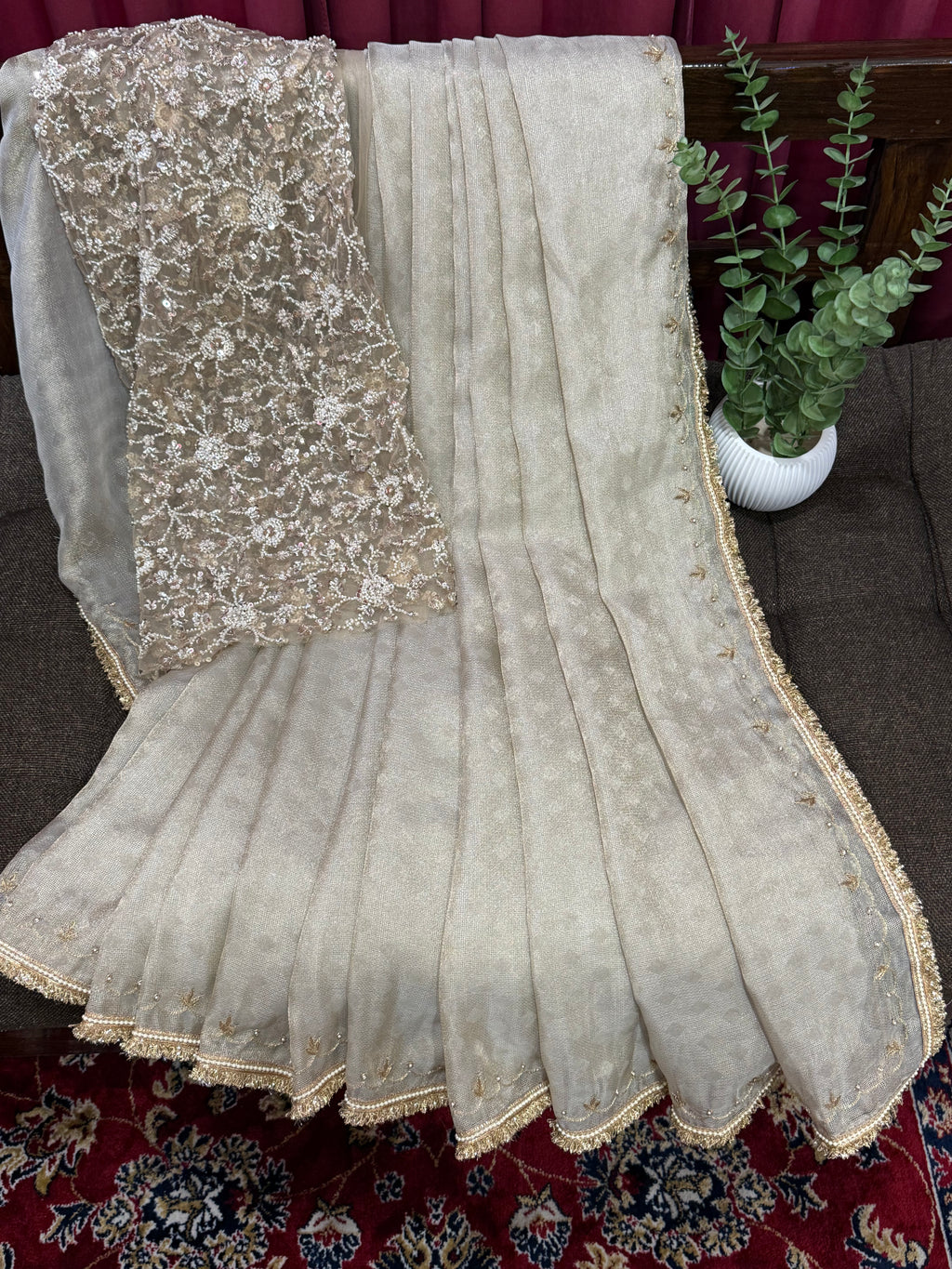 Champagne Beige Shimmer Saree with Heavy Sequin Embroidered Blouse for Reception & Party Wear.
