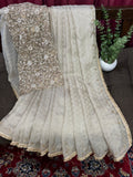 Champagne Beige Shimmer Saree with Heavy Sequin Embroidered Blouse for Reception & Party Wear.