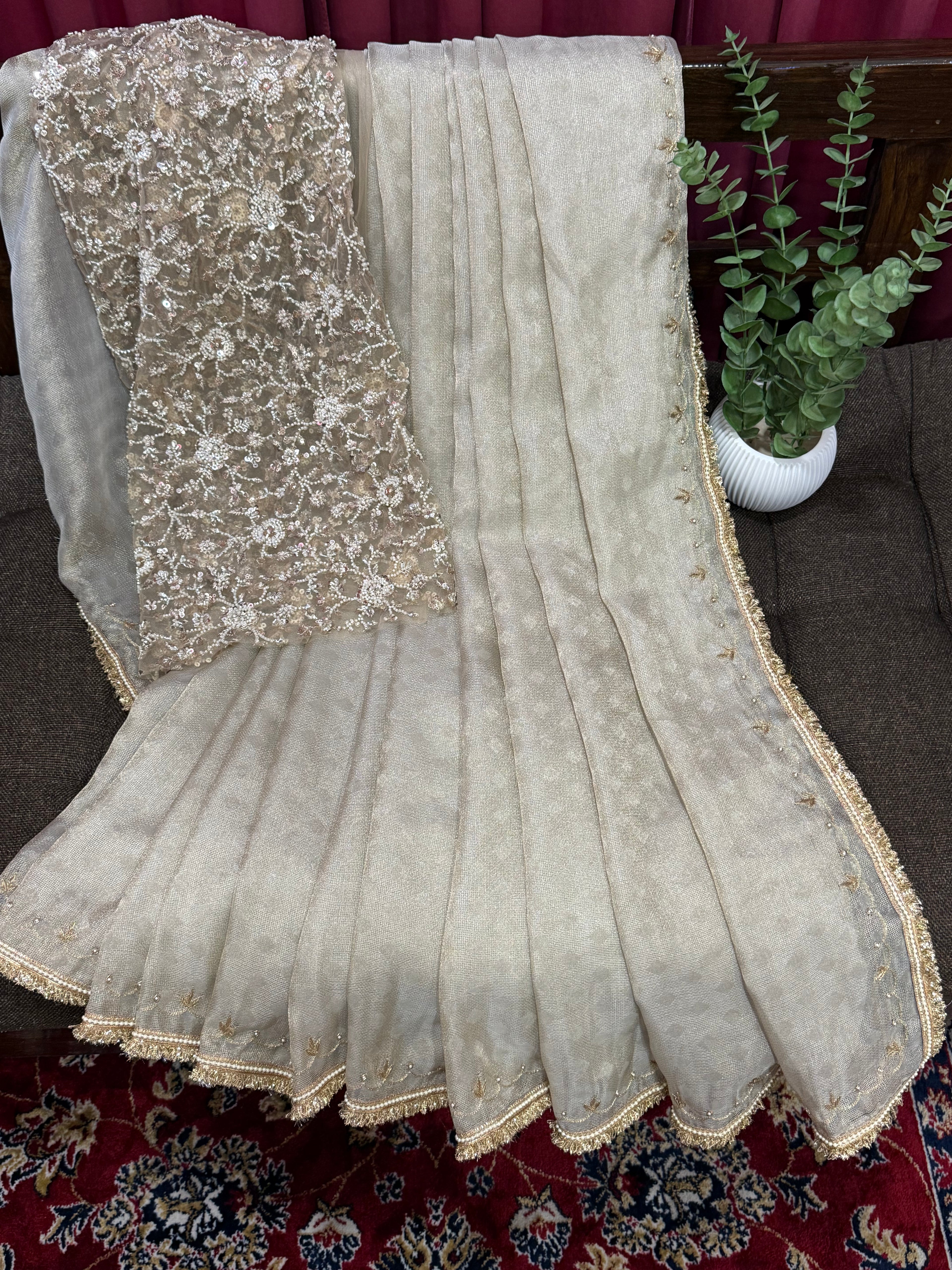 Champagne Beige Shimmer Saree with Heavy Sequin Embroidered Blouse for Reception & Party Wear.