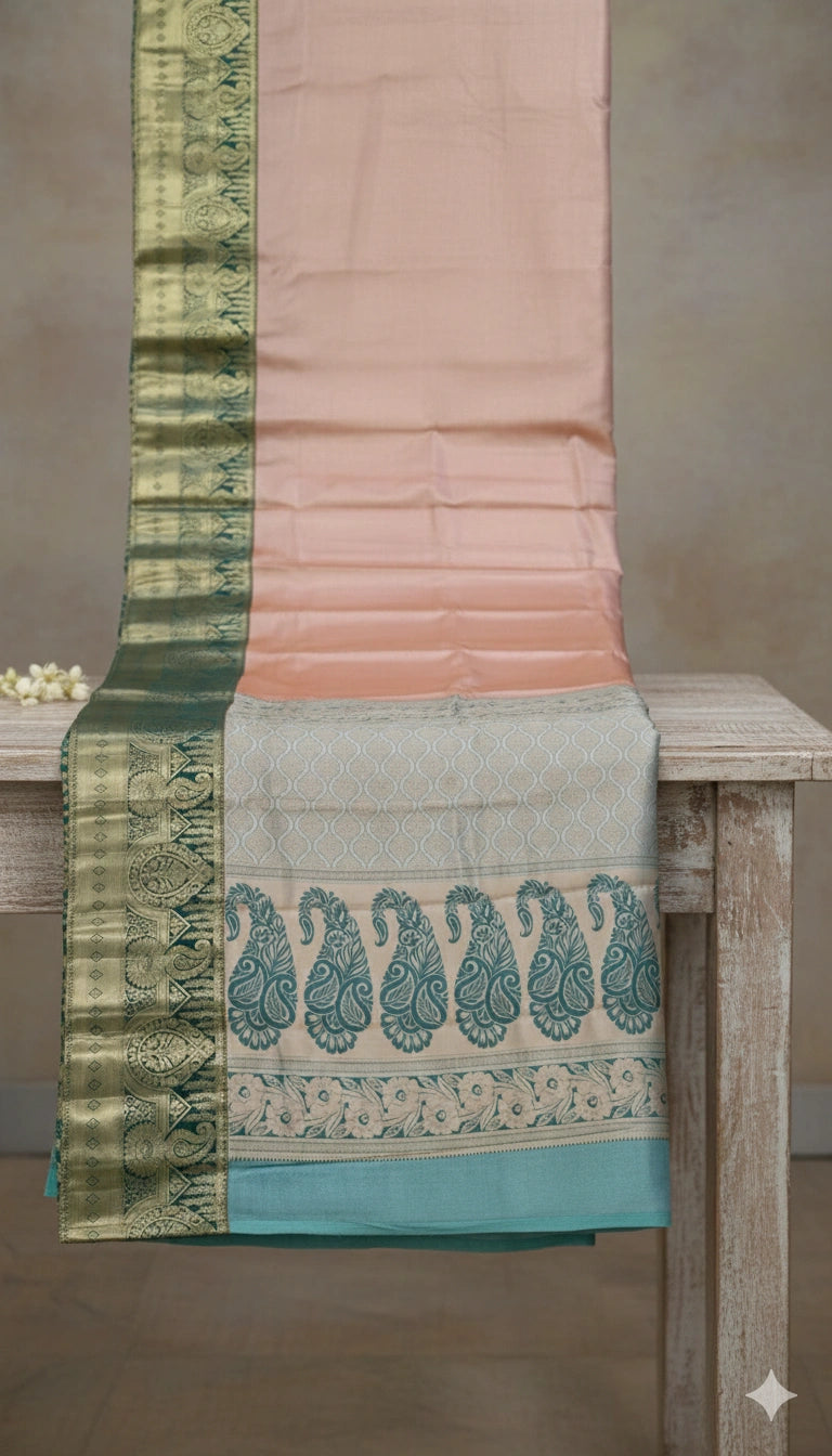 Peach Pink Silk Saree with Green Zari Border and Peacock Pallu for Festive Wear.